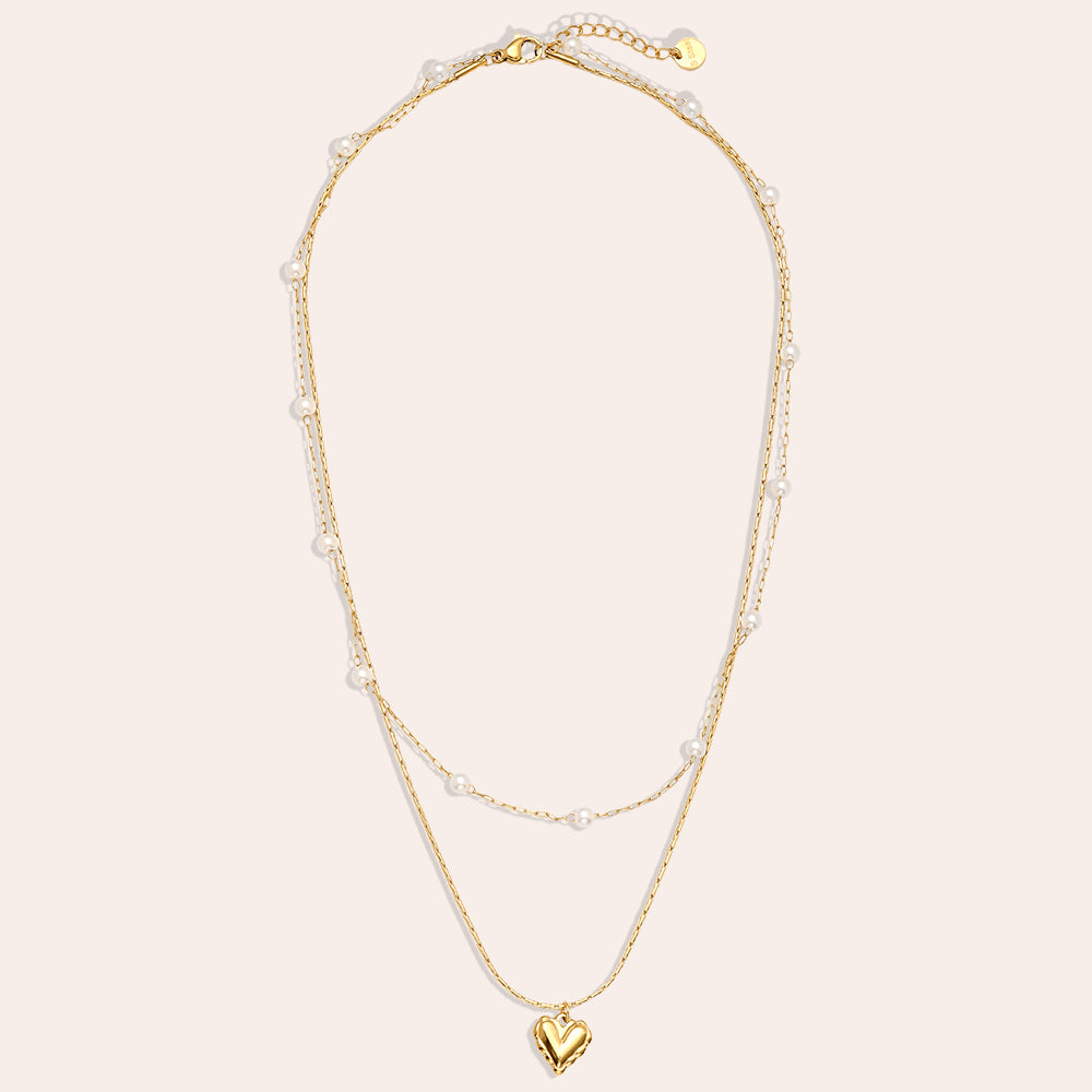 46cm Two Layer Pearl And Heart Halskette 14K vergoldet