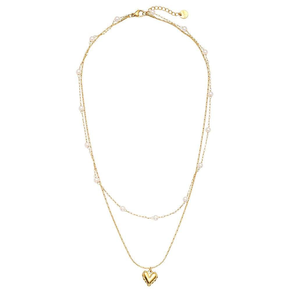 46cm Two Layer Pearl And Heart Halskette 14K vergoldet