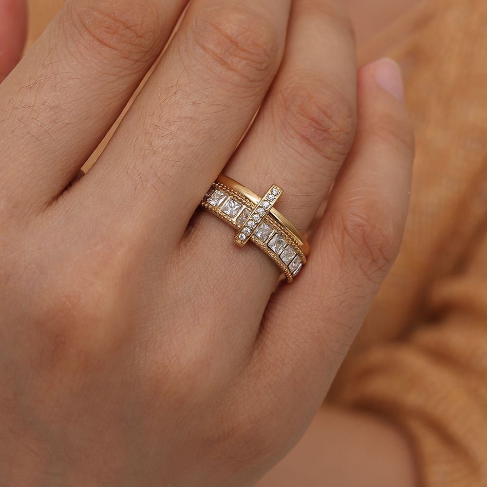 Cube Diamond Ring With Lock Ring 14K vergoldet