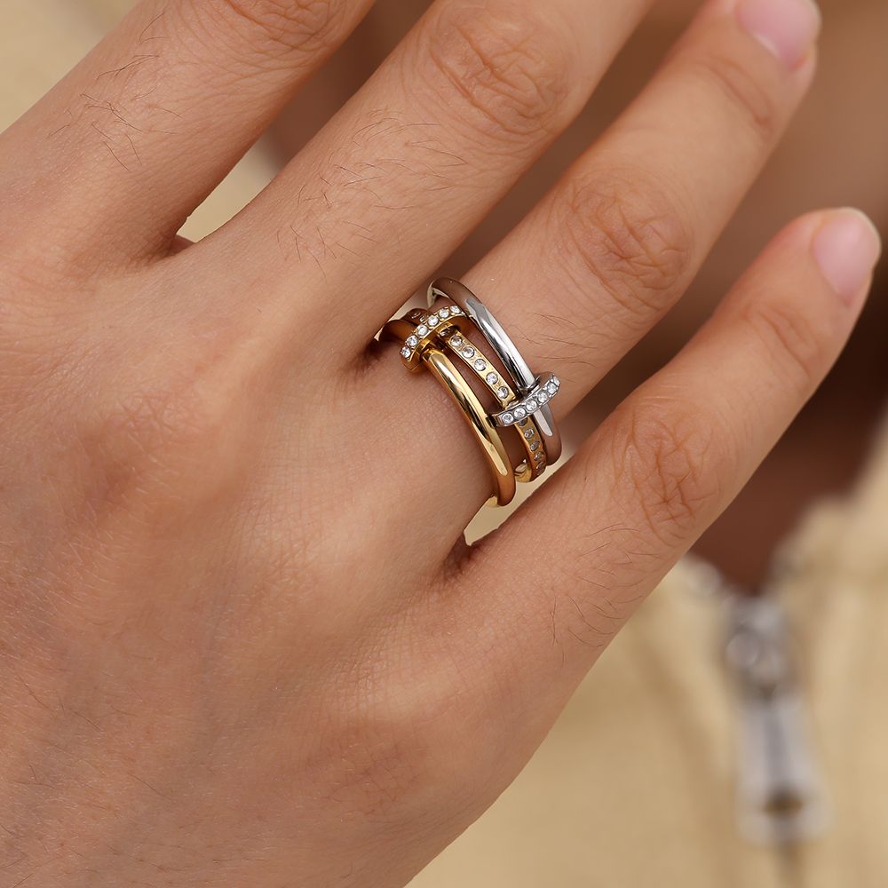 Three Layer Gold And Silver Diamond Ring With Lock 14K vergoldet